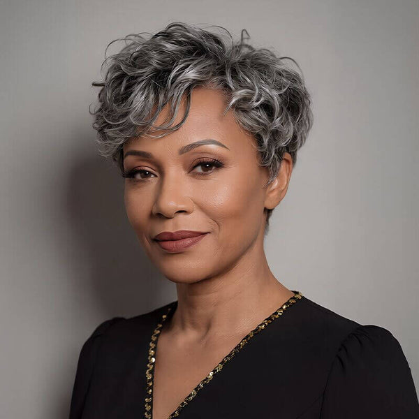 Flash Sale | Salt & Pepper Edgy Pixie Cuts Wig Natural Wave Human Hair Glueless Wigs For Seniors