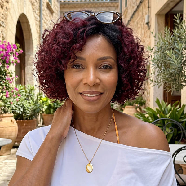 Flash Sale | T1B/99J Ombre Dark Burgundy Loose Curly Bob Short Human Hair Glueless Wigs For Mature Women