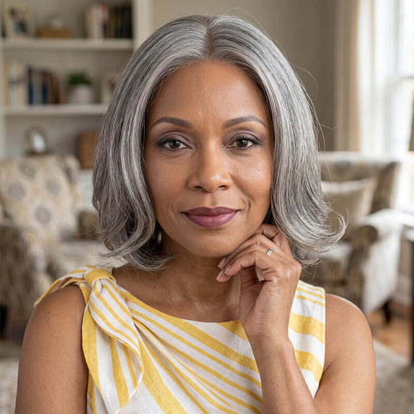 Flash Sale | Seniors Wear-Go V-Part Wig Salt & Pepper Natural Straight Wavy Bob Real Human Hair Glueless Wigs For Women