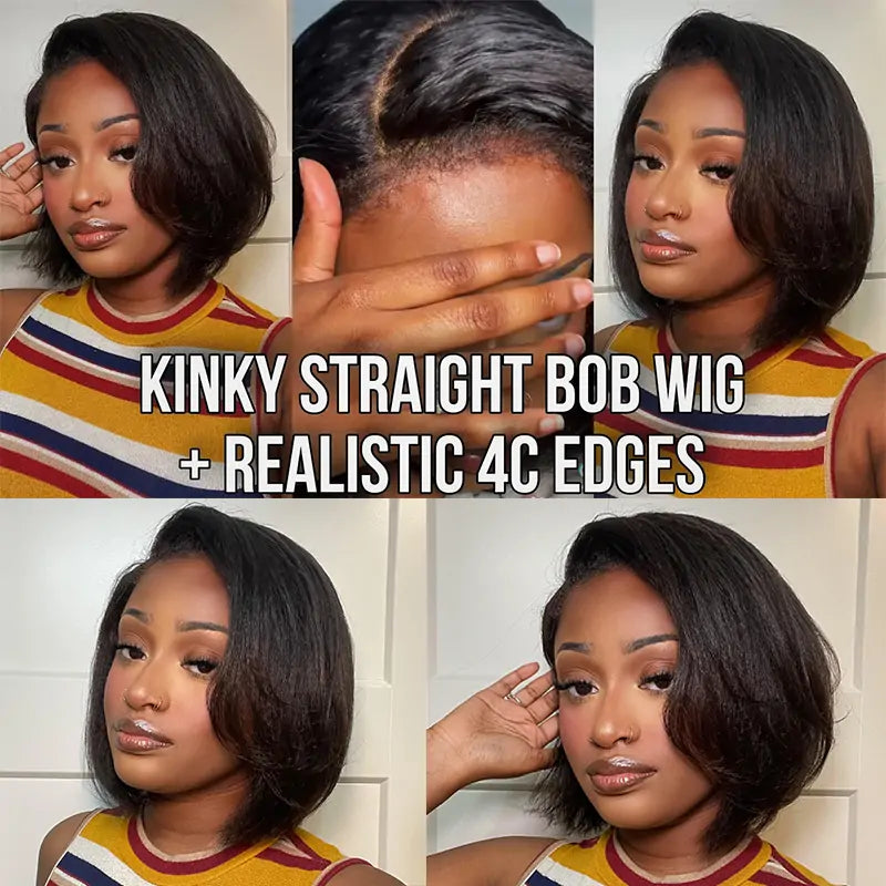 Soul Lady Full Hair Kinky Straight Bob Wig With 4C Edge Hairline Side Part 5x5 HD Lace Human Hair Wigs 180% Density