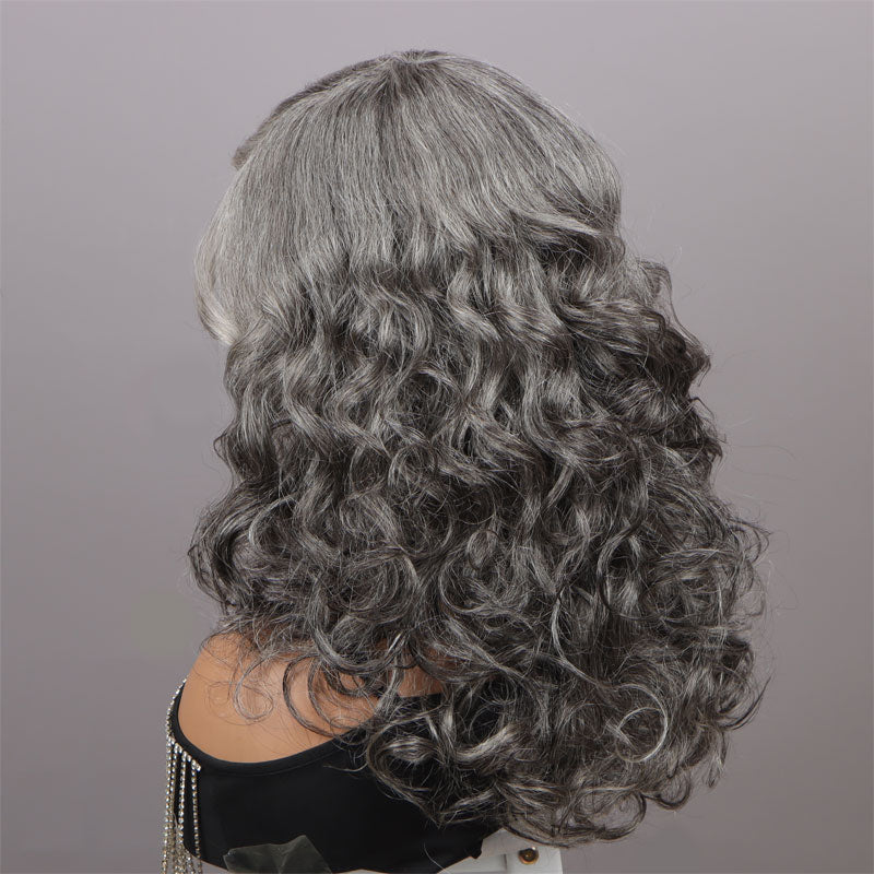 Silver Black Highlights Salt And Pepper Wig Real Human Hair Body Wave Glueless Wigs For Women