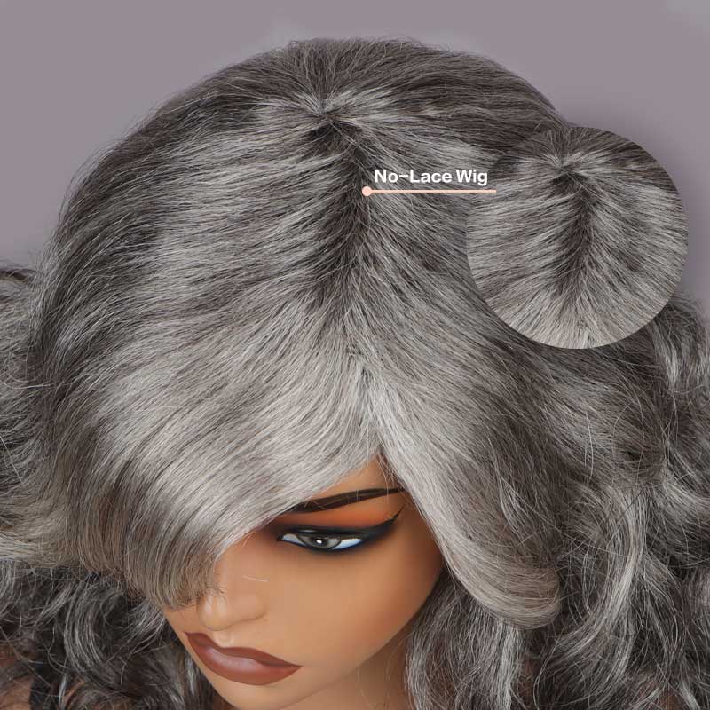 Silver Black Highlights Salt And Pepper Wig Real Human Hair Body Wave Glueless Wigs For Women