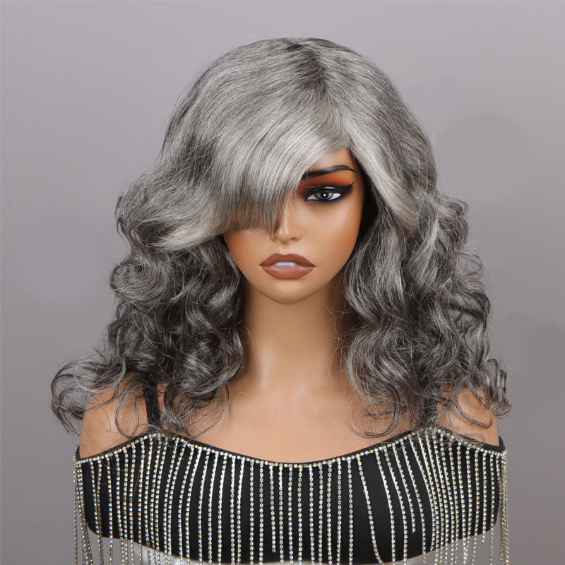 Silver Black Highlights Salt And Pepper Wig Real Human Hair Body Wave Glueless Wigs For Women