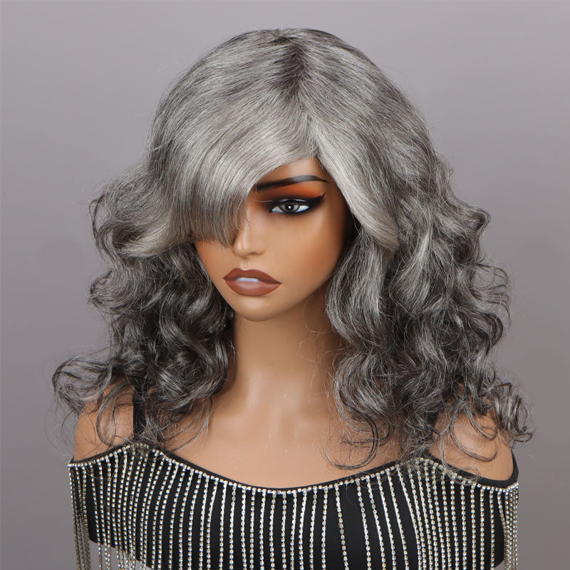 Silver Black Highlights Salt And Pepper Wig Real Human Hair Body Wave Glueless Wigs For Women