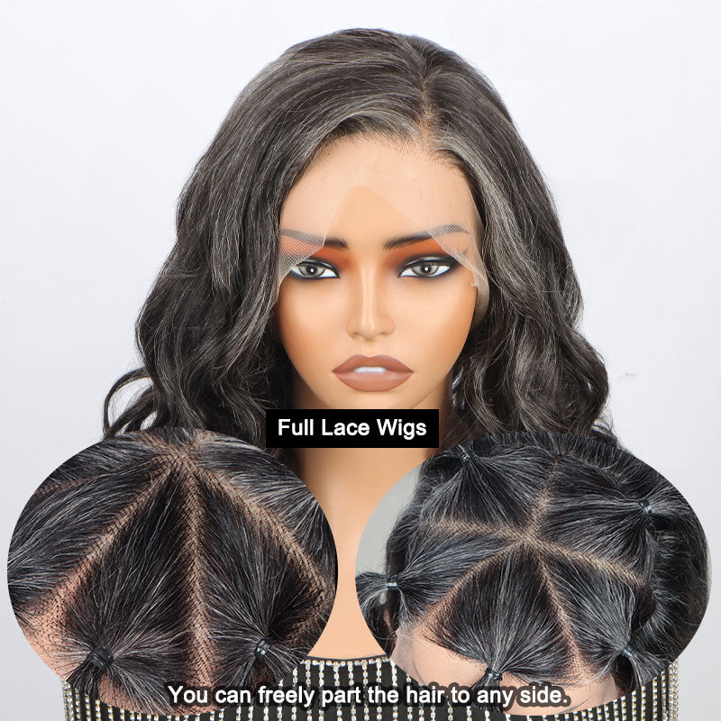 Seniors Dark Salt & Pepper Full Lace Wigs Silky Loose Wave Lob Human Hair Bob Part Anywhere High Breathable Cap Wig