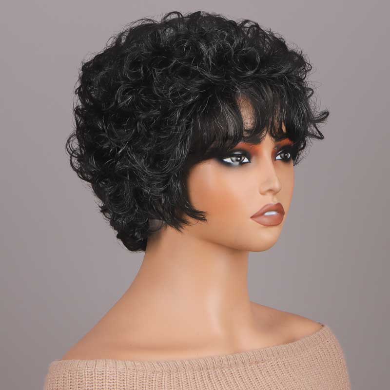 Soul Lady Dark Salt & Pepper Short Curly Silver Layered Pixie Cut Wig Human Hair Glueless Wigs For Seniors