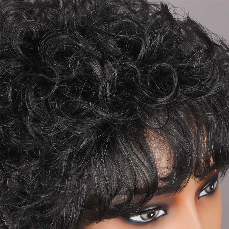 Soul Lady Dark Salt & Pepper Short Curly Silver Layered Pixie Cut Wig Human Hair Glueless Wigs For Seniors