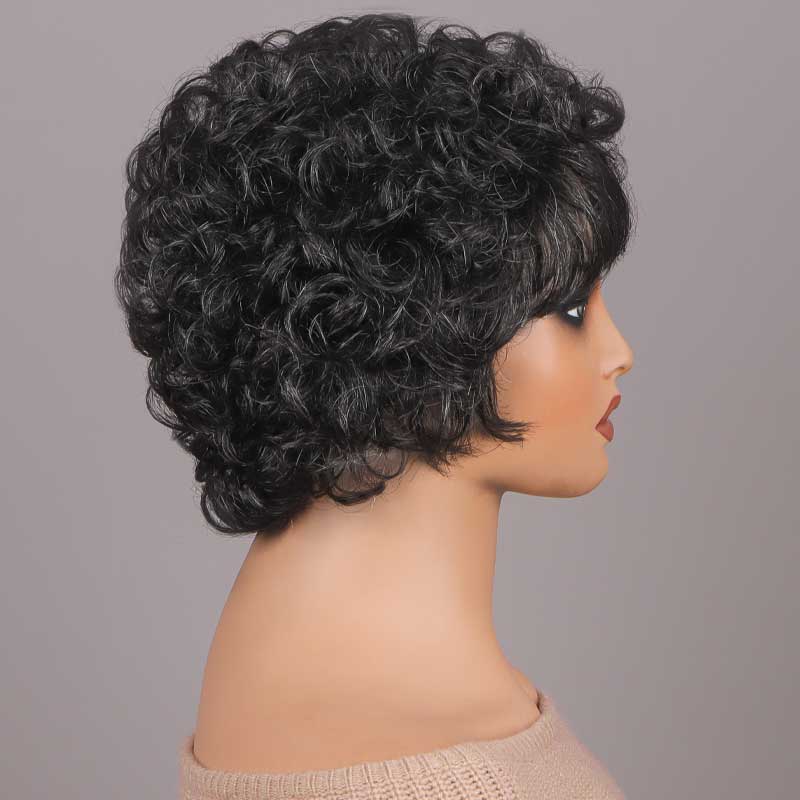 Short Curly Layered Pixie Cut Wig Dark Salt And Pepper Human  display picture 1