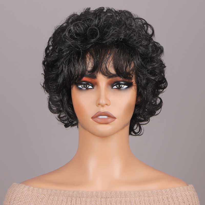 Soul Lady Dark Salt & Pepper Short Curly Silver Layered Pixie Cut Wig Human Hair Glueless Wigs For Seniors