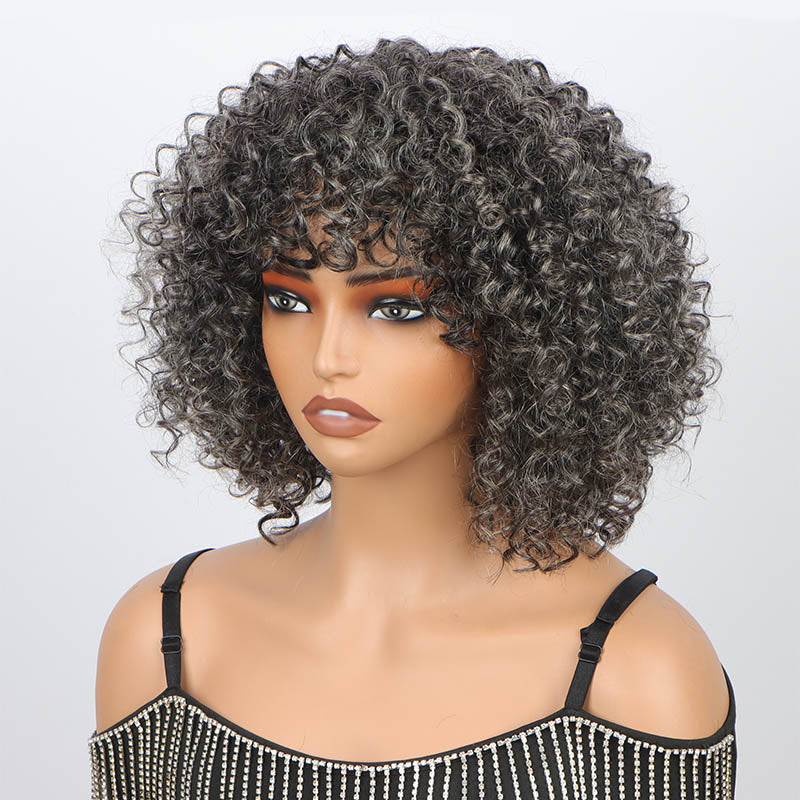 Dark Salt and Pepper Kinky Curly Wigs Glueless Bob Human 