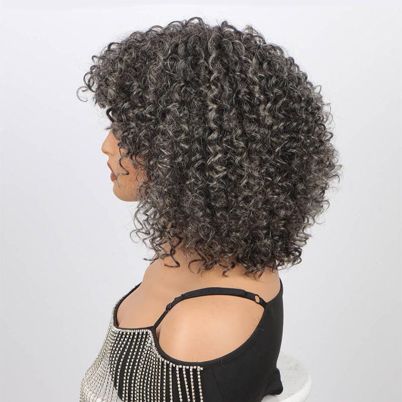 Dark Salt and Pepper Kinky Curly Wigs Glueless Bob Human  display picture 2