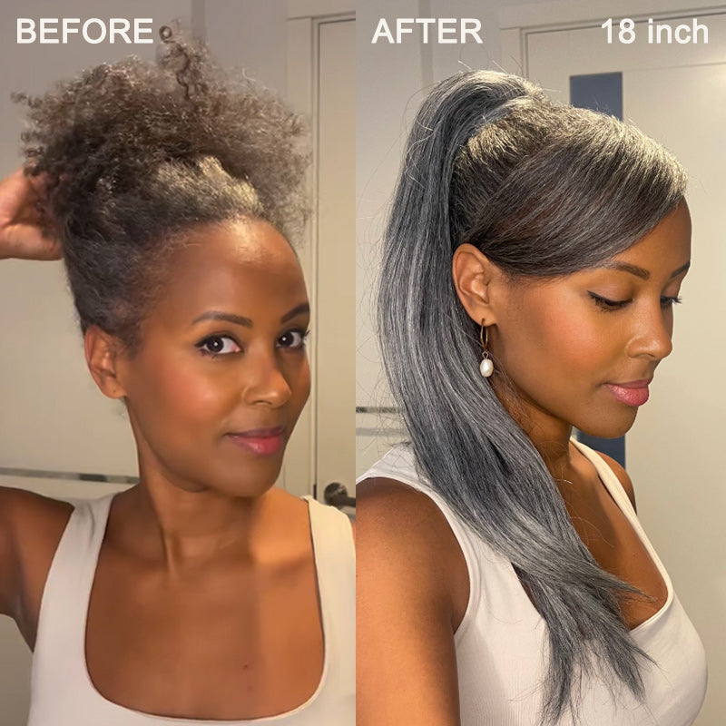 Before and after comparison of a woman wearing the Soul Lady Salt and Pepper Straight Human Hair Drawstring Ponytail Extension. 