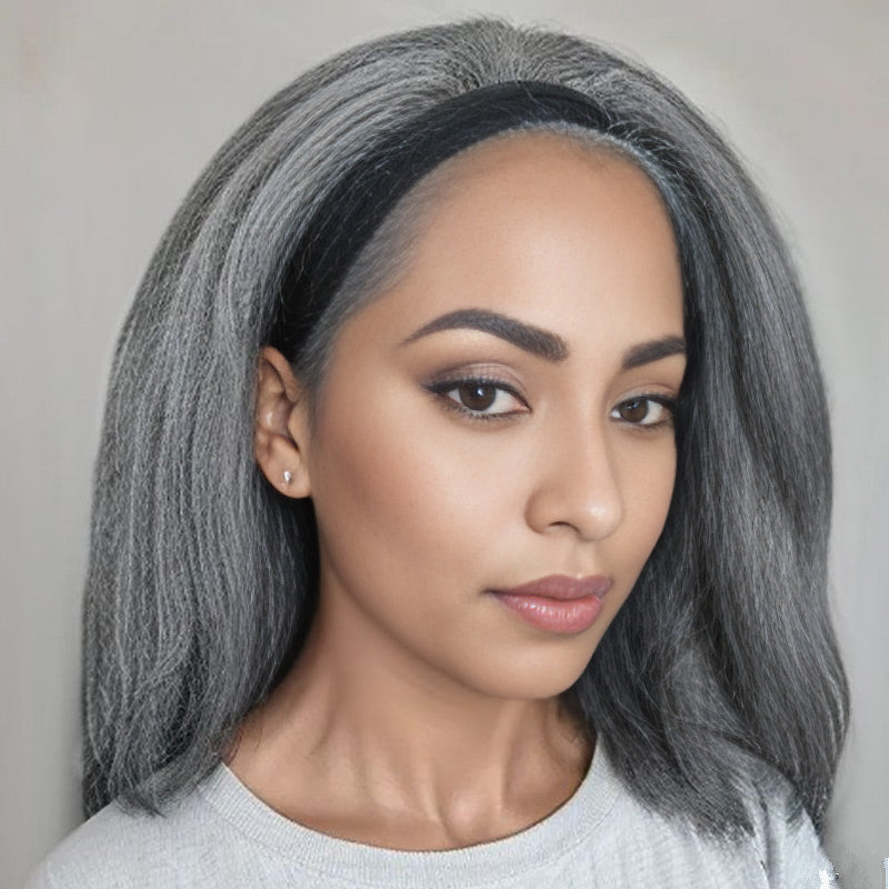 Glueless Salt & Pepper Wigs Grey Kinky Straight Headband Human Hair ...