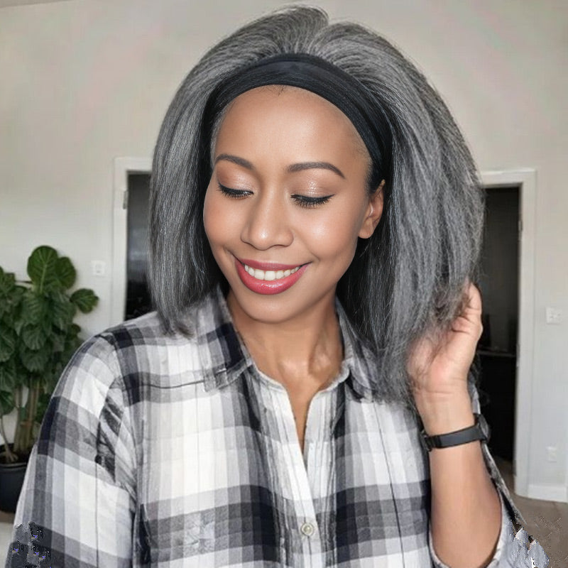 Glueless Salt & Pepper Wigs Grey Kinky Straight Headband Human Hair ...