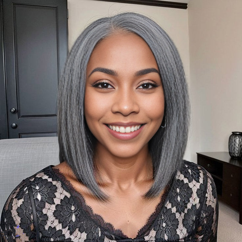 Salt and Pepper Yaki Straight Clip in Human Hair Extensions Kinky