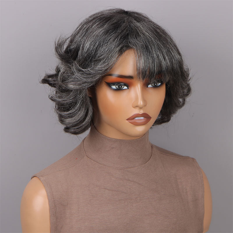 Trendy Medium Salt and Pepper Natural Wavy Bob Wear Go Glueless Human Hair Wigs With Bangs For Women Over 50