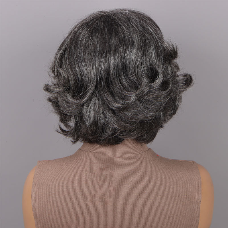 Trendy Medium Salt and Pepper Natural Wavy Bob Wear Go Glueless Human Hair Wigs With Bangs For Women Over 50