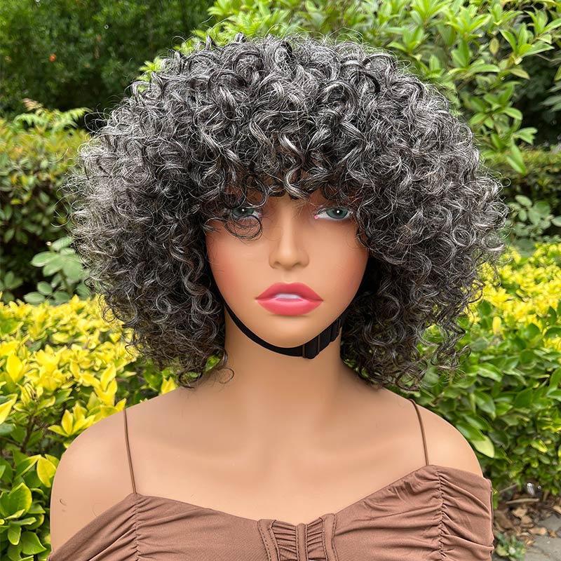 Dark Salt and Pepper Kinky Curly Wigs Glueless Bob Human  display picture 3