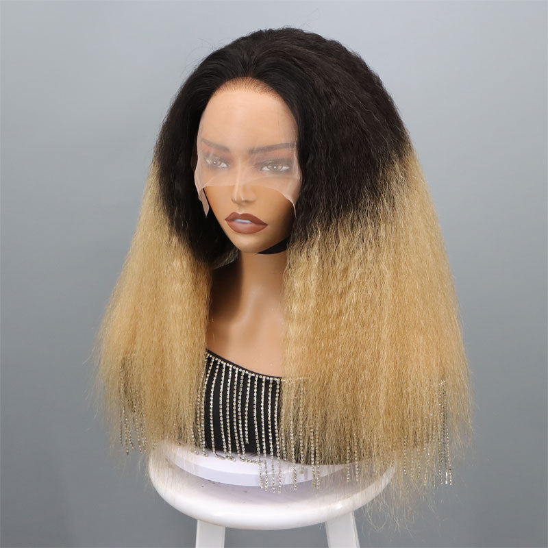 T1B/27 Ombre Honey Blonde Kinky Straight 3 In 1 Half Wig Beginner Friendly Glueless 100% Human Hair 3/4 Wig 