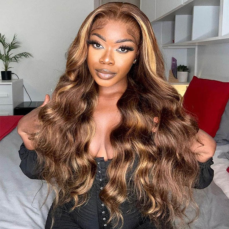 Soul Lady Flash Sale $120 Off P4/27 Body Wave Brown Lace Front Wigs With Honey Blonde Highlight Real Human Hair Lace Closure Wigs