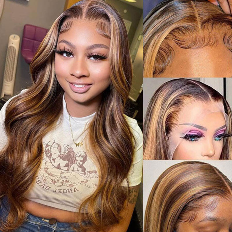 Soul Lady Flash Sale $120 Off P4/27 Body Wave Brown Lace Front Wigs With Honey Blonde Highlight Real Human Hair Lace Closure Wigs