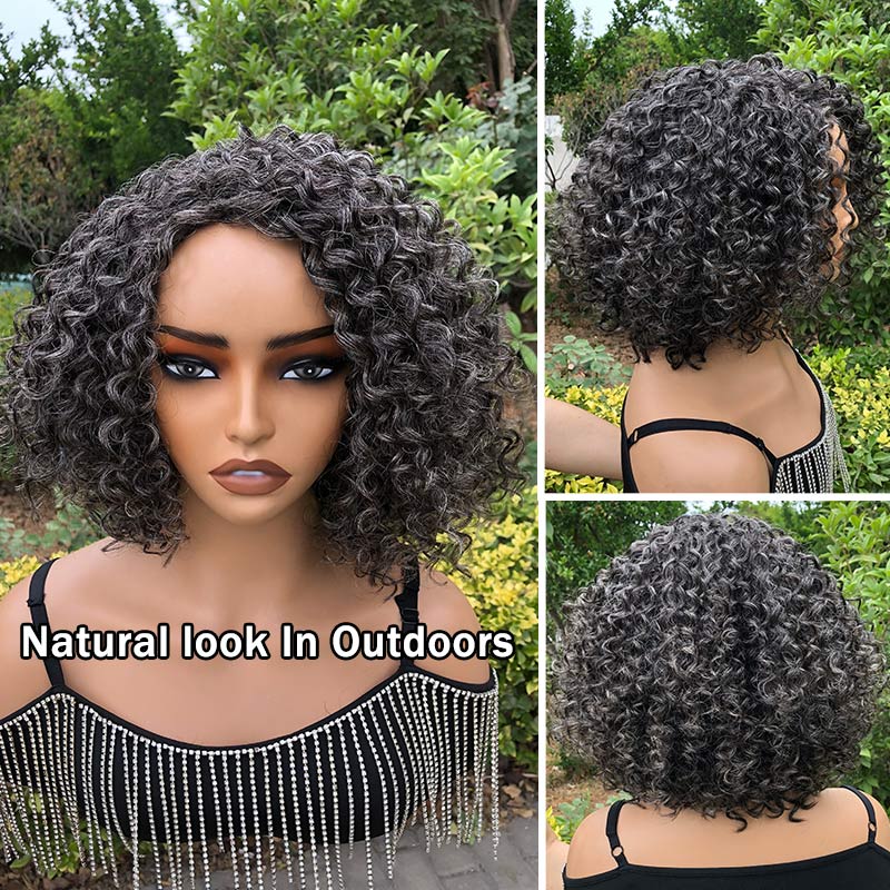 Soul Lady Beginner Friendly Medium Salt And Pepper Bob Curly Wig Human Hair Wear And Go Glueless Wig for older women-in outdoors