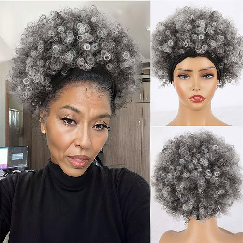 Salt and Pepper Afro Kinky Curly Headband Human Hair Wig Glueless Gray ...