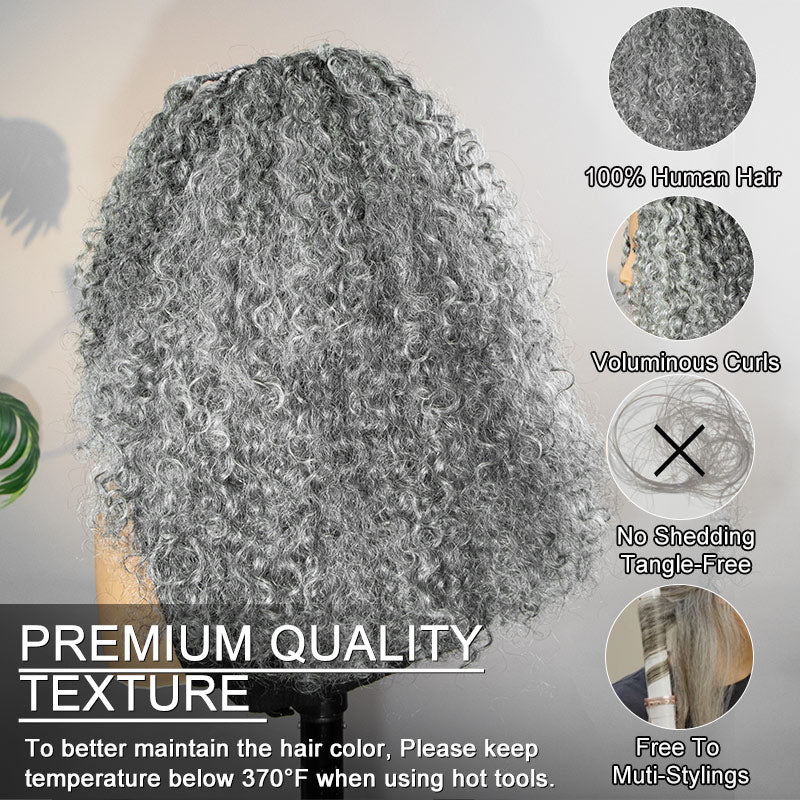 Back view of the salt and pepper boho hand-wrapped root curly human hair wig, showing full, bouncy curls and a natural gray blend for an elegant, voluminous look.