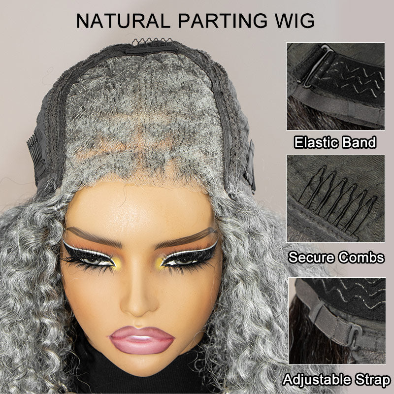Cap construction of the salt and pepper boho hand-wrapped root curly human hair wig, showing the breathable lace, adjustable straps, and hand-tied details for a secure and comfortable fit.