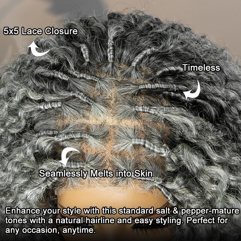 Close-up of the lace details on the salt and pepper boho hand-wrapped root curly human hair wig, highlighting the soft, transparent lace and finely hand-tied hair for a natural-looking hairline.