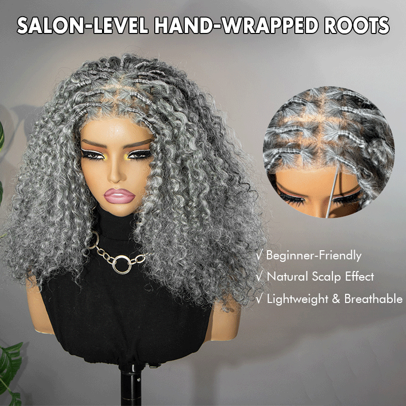 Front view of a salt and pepper boho curly human hair wig with hand-wrapped roots, showcasing a natural hairline, soft blended gray tones, and voluminous curls designed for mature women.