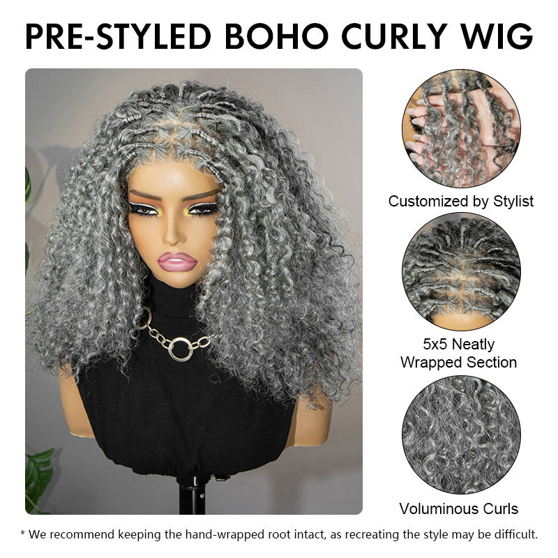 Side profile of a salt and pepper boho curly wig featuring hand-wrapped roots, defined curls, and a natural gray blend for a realistic, elegant look.