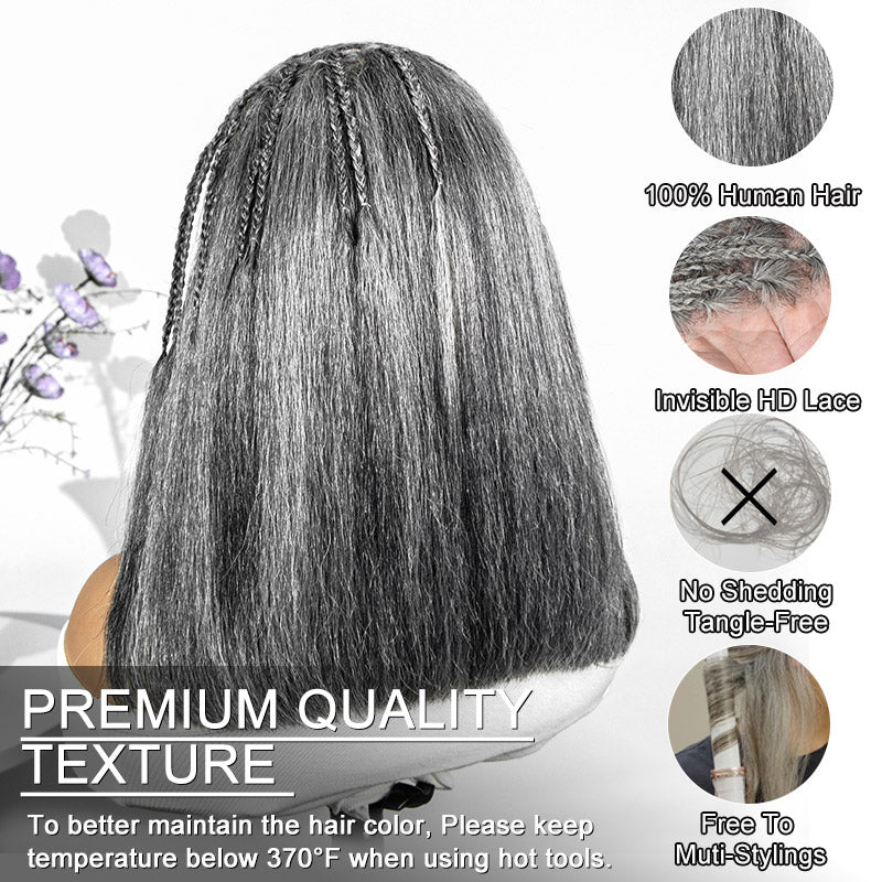 Soul Lady Wigs back view of salt and pepper 13x4 boho braided straight wig, showing long straight strands, hand-braided details, and natural gray blend.