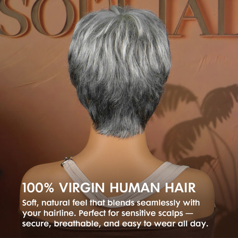Soul Lady Pixie Cuts Straight Gray Wig | Back view of a salt and pepper straight pixie cut wig made from real human hair, showcasing natural texture, tapered neckline, and lightweight, breathable cap for mature women
