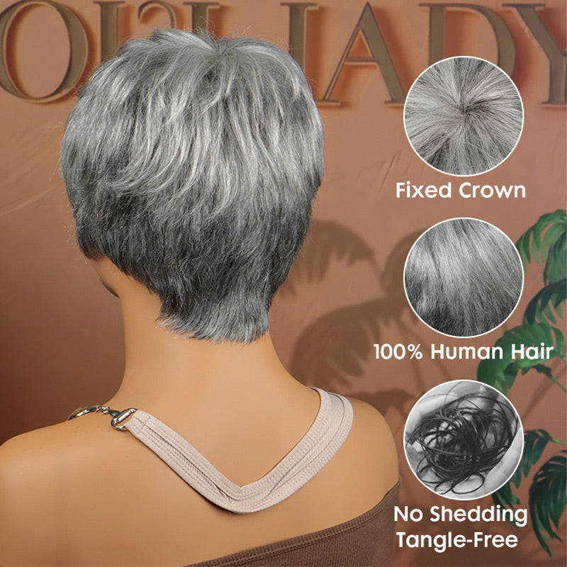Soul Lady Pixie Cuts Straight Gray Wig |Back view of a salt and pepper pixie cut wig on mannequin, highlighting fixed crown, 100% human hair texture, and no-shedding, tangle-free features