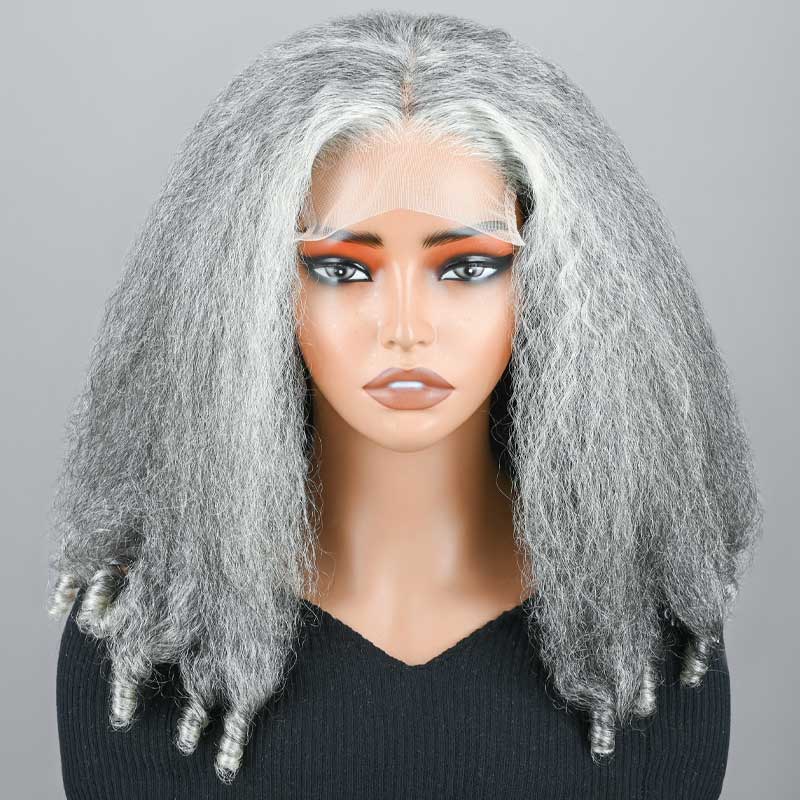 Seniors Short Two In One Kinky Straight &amp; Curly Hairstyle-Standard Salt-And-Pepper Glueless Wig