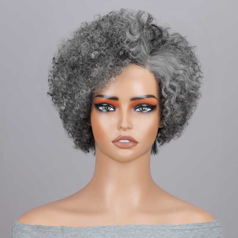 Seniors Short Jerry Curly 4x1 Lace Silver Layered Pixie Cut Wig