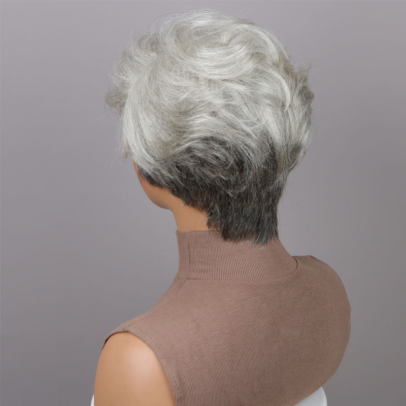 Seniors Short Straight Salt And Pepper Silver Layered Pixie Cut Wig Human Hair Glueless Wigs