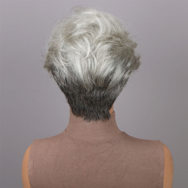 Seniors Short Straight Salt And Pepper Silver Layered Pixie Cut Wig Human Hair Glueless Wigs