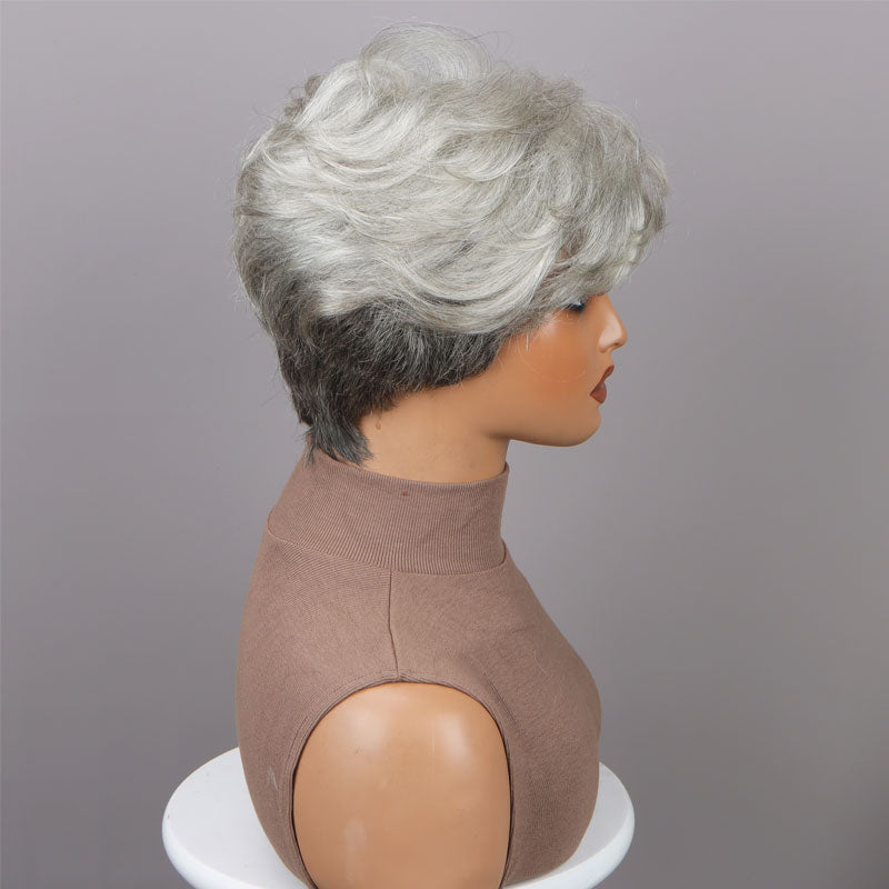 Seniors Short Straight Salt And Pepper Silver Layered Pixie Cut Wig Human Hair Glueless Wigs