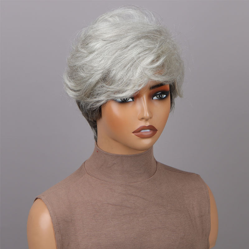 Seniors Short Straight Salt And Pepper Silver Layered Pixie Cut Wig Human Hair Glueless Wigs