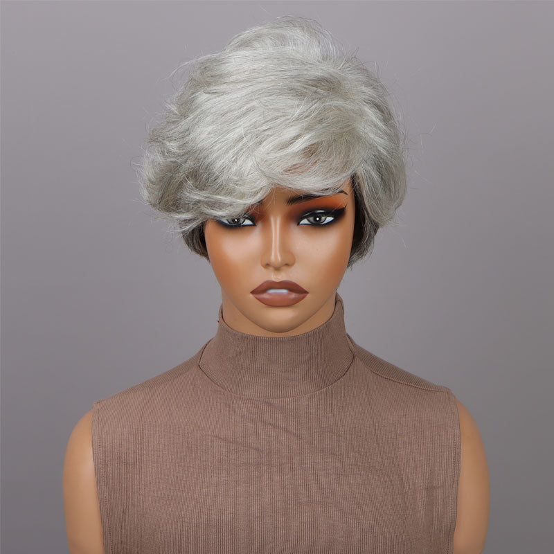 Seniors Short Straight Salt And Pepper Silver Layered Pixie Cut Wig Human Hair Glueless Wigs