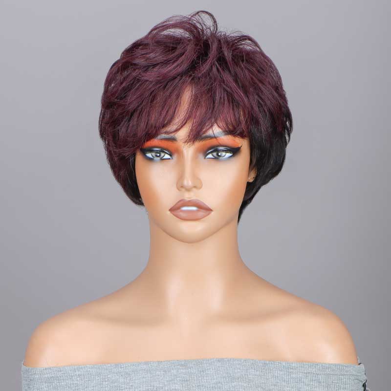 Black And Burgundy Short Natural Wave Layered Pixie Cut Wig 