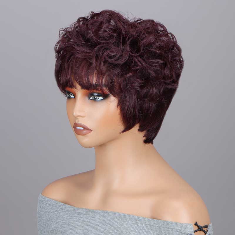 99J Burgundy Short Loose curly Layered Pixie Cut Wig Human  display picture 2