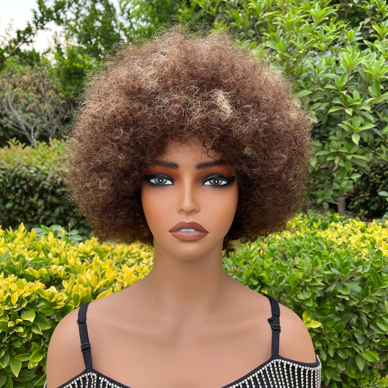 Afro Kinky Curly Short Wig With Bangs Beginners Short Glueless Human Hair Wig With Bangs  main image 2