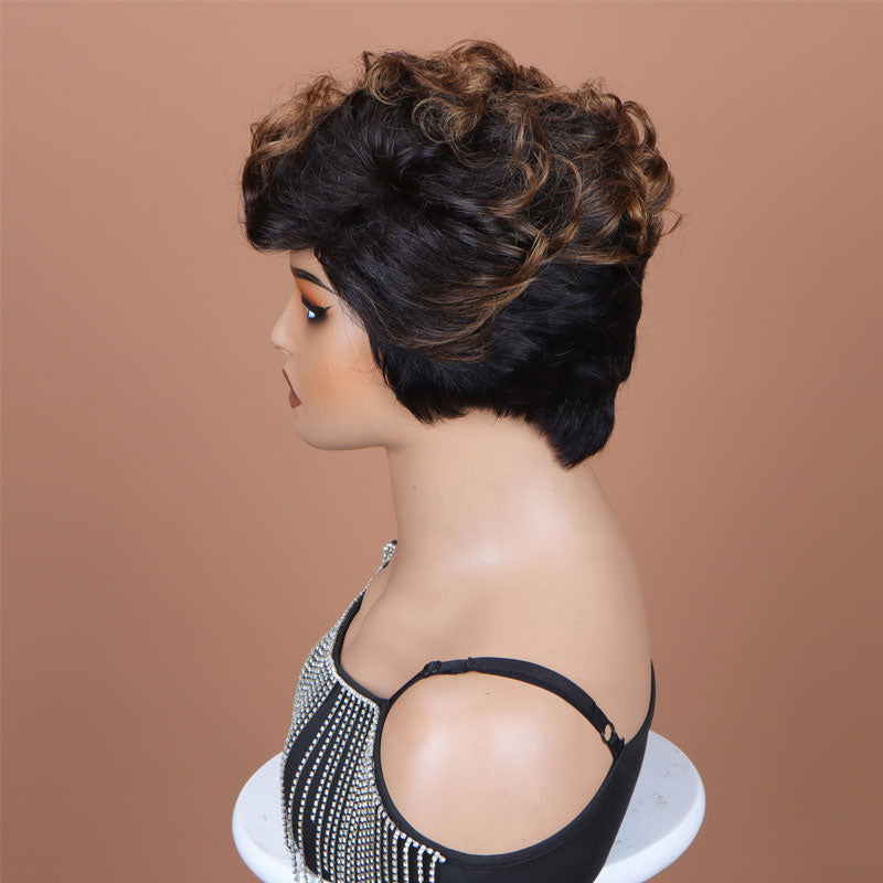 Two-Toned Edgy Pixie Haircut With Brown Gradient Highlight Layers Natural Wavy Human Hair Wear Go Glueless No-Lace Wig