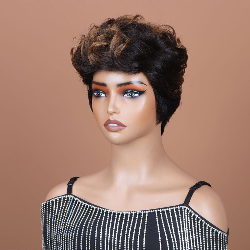 Two-Toned Edgy Pixie Haircut With Brown Gradient Highlight Layers Natural Wavy Human Hair Wear Go Glueless No-Lace Wig