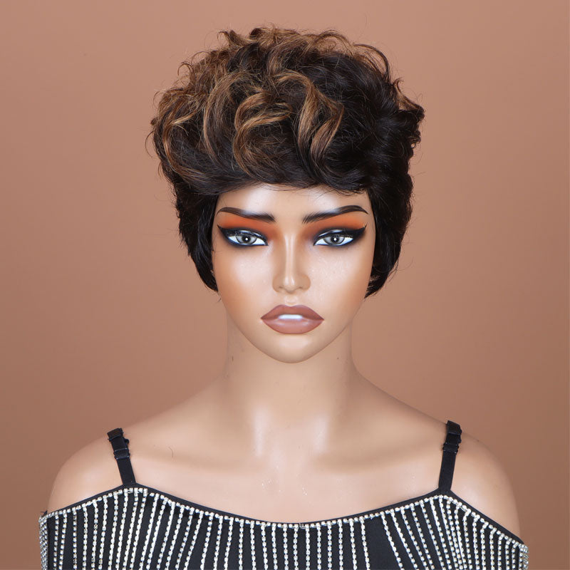 Two-Toned Edgy Pixie Haircut With Brown Gradient Highlight Layers Natural Wavy Human Hair Wear Go Glueless No-Lace Wig