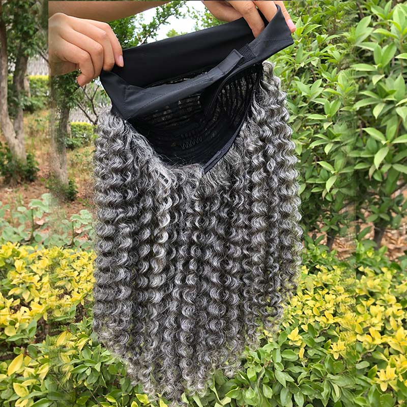 Silver Gray Curly Human Hair Headband Wigs for Black Women Salt and ...