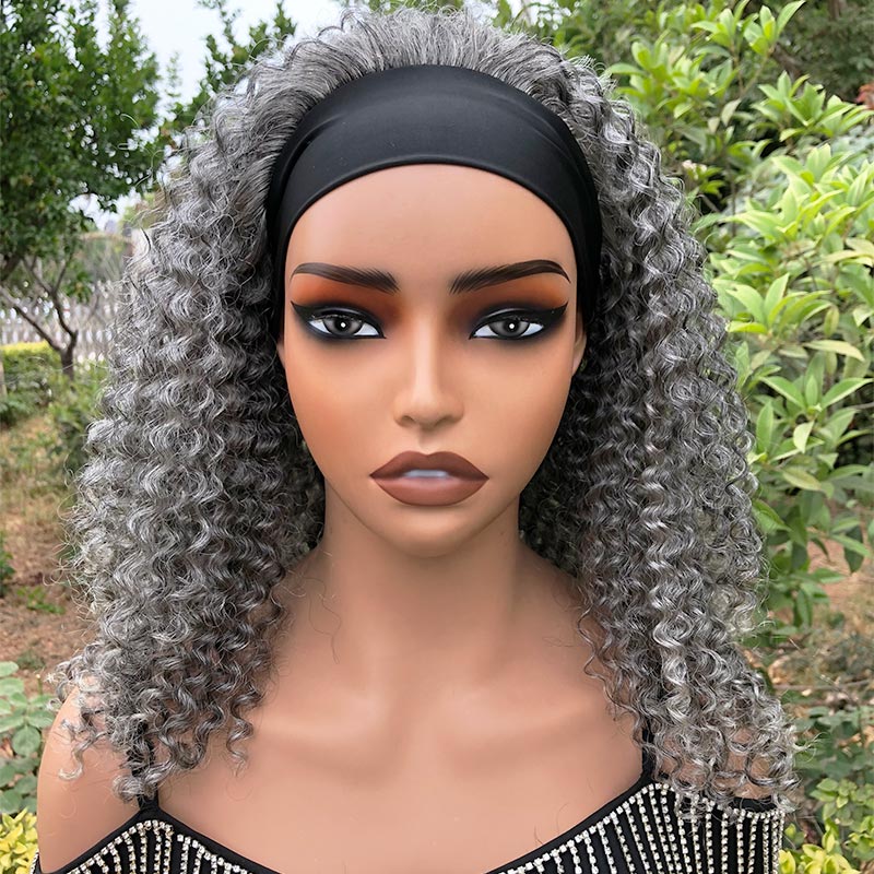 Silver Gray Curly 100% Human Hair Headband Wig For Black Women Salt And ...